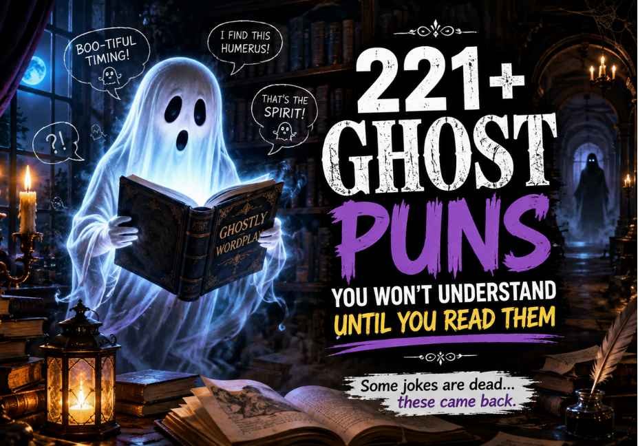 221+ Ghost Puns You Won’t Understand Until You Read Them, showing a realistic glowing ghost in a haunted Victorian library holding a mysterious book, surrounded by fog, candles, and cinematic lighting, creating a fun and intriguing Ghost Puns themed blog cover.