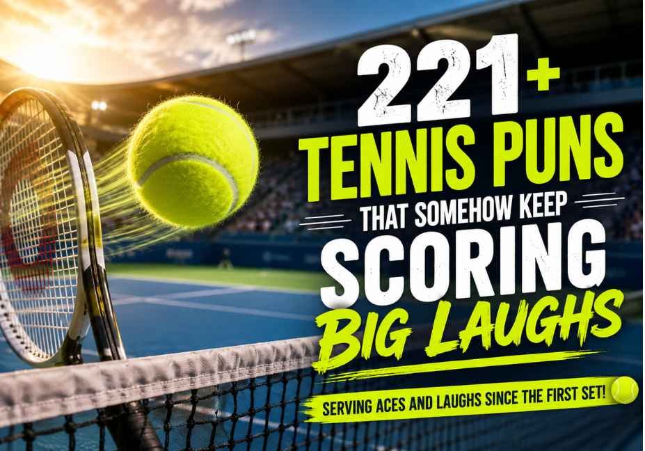 221+ Tennis Puns That Somehow Keep Scoring Big Laughs, showing a realistic tennis ball flying over a net with a professional racket on a sunlit tennis court, featuring a fun tennis puns tagline and premium sports photography design.