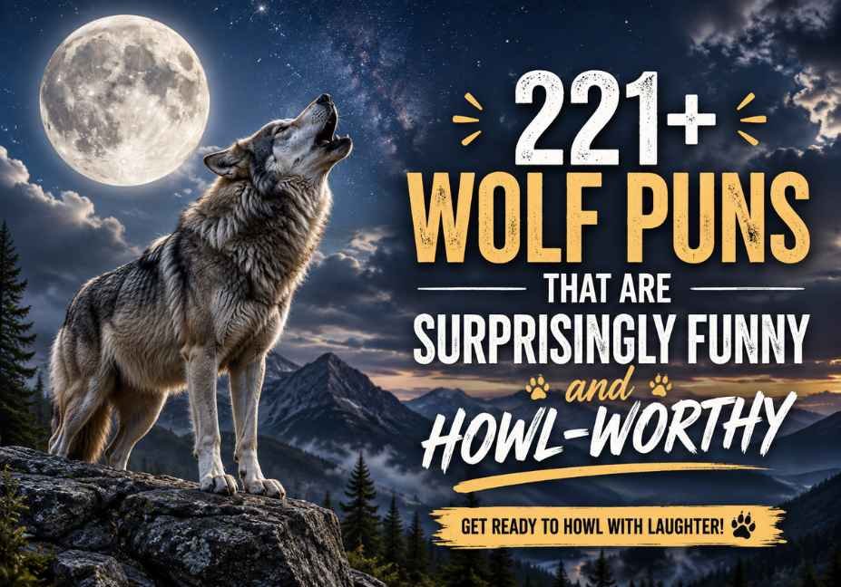 221+ wolf puns, showing a realistic gray wolf howling on a moonlit mountain ridge with cinematic forest scenery, bold article title, and a funny howl-themed tagline designed for blog readers and social sharing.