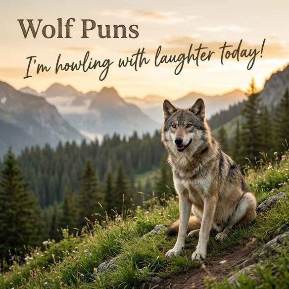 Wolf puns image featuring a realistic gray wolf on a sunny hillside with a humorous howling quote in a clean nature setting.