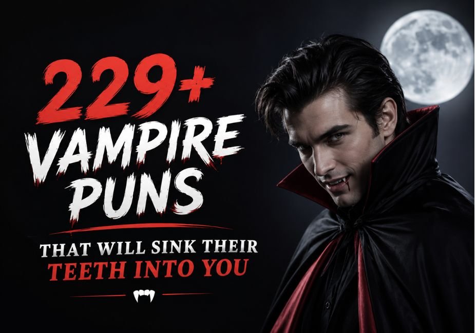 229+ Vampire Puns That Will Sink Their Teeth Into You, featuring a realistic vampire in a dark gothic castle setting under a full moon, with bats, dramatic cinematic lighting, rich red and black tones, and bold typography designed for a humorous vampire puns blog article.