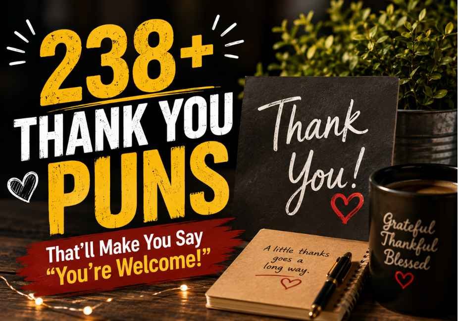 238+ thank you puns that’ll make you say “You’re welcome!”, featuring a heartfelt thank-you card, cozy coffee mug, pink flowers, and elegant typography on a warm wooden table.