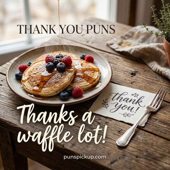 A delicious pancake breakfast with a thank-you card featuring thank you puns and the playful food-themed message “Thanks a waffle lot!”