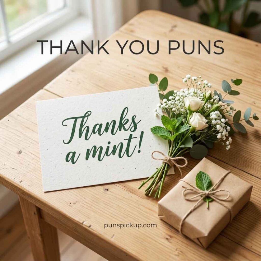 Short and playful thank you puns with a realistic thank-you card, flowers, and gift featuring the funny message “Thanks a mint!”