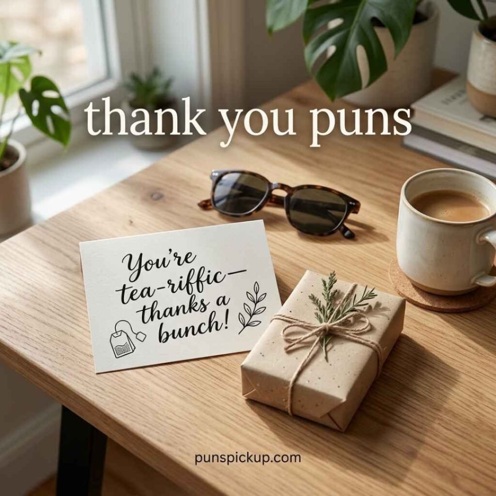 A witty thank you puns one-liner displayed on a realistic thank-you note with a gift and coffee cup, featuring a short playful gratitude message.