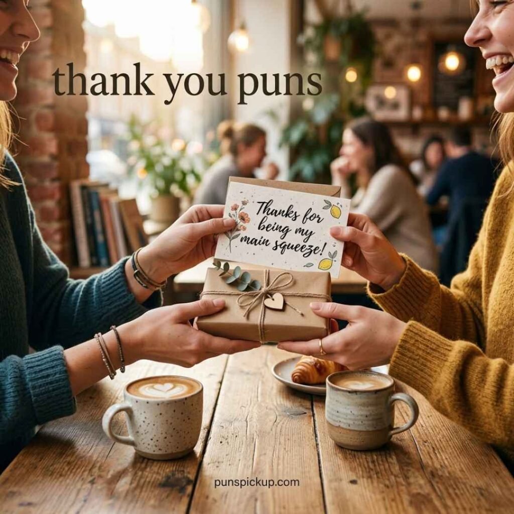 Realistic friendship scene featuring a thank-you card and gift with a playful message, showcasing thank you puns for friends in a warm café setting.