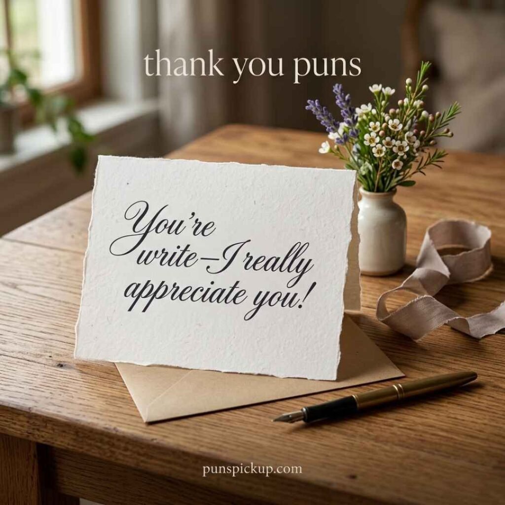 A handmade thank-you card with flowers, ribbon, and pen featuring thank you puns and a clever handwritten appreciation message.