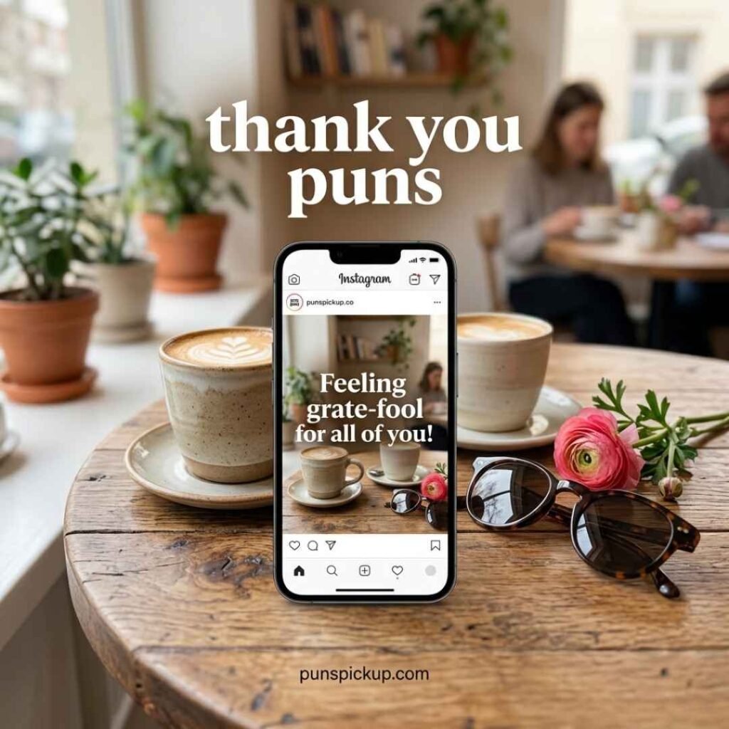 A stylish smartphone and coffee setup featuring a catchy gratitude message with thank you puns for Instagram captions in a realistic café scene.
