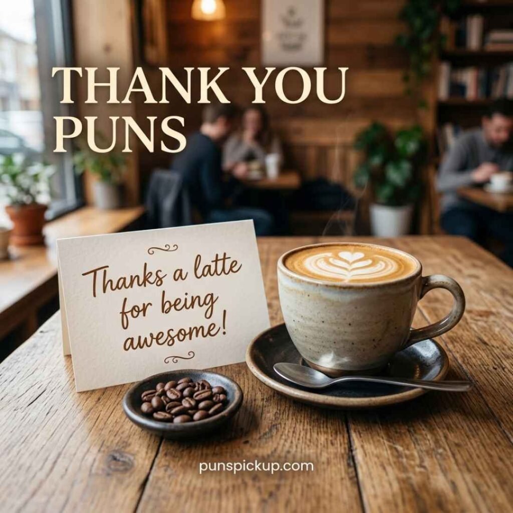A warm café scene with latte art and a thank-you card featuring thank you puns and a coffee-themed appreciation message.