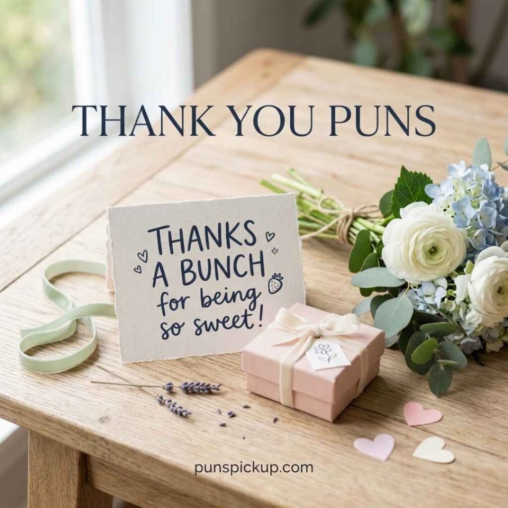 Cute thank you puns displayed with a realistic gift box, flowers, ribbon, and a sweet appreciation message on a natural wooden tabletop.