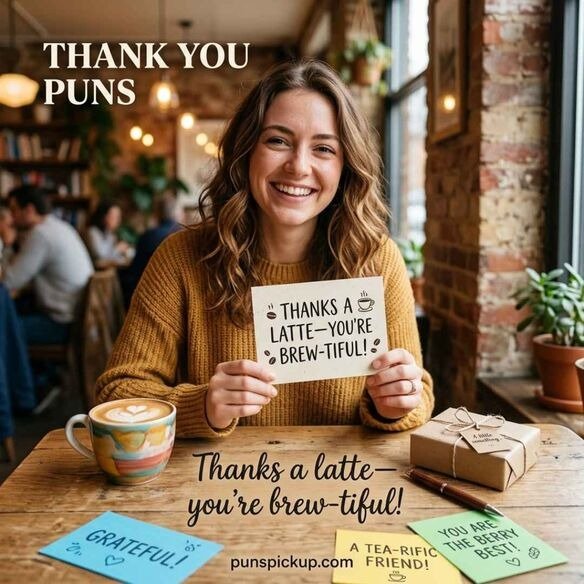 Funny thank you puns featuring a cheerful thank-you card, coffee table, and the playful message “Thanks a latte—you’re brew-tiful!” in a realistic café setting.