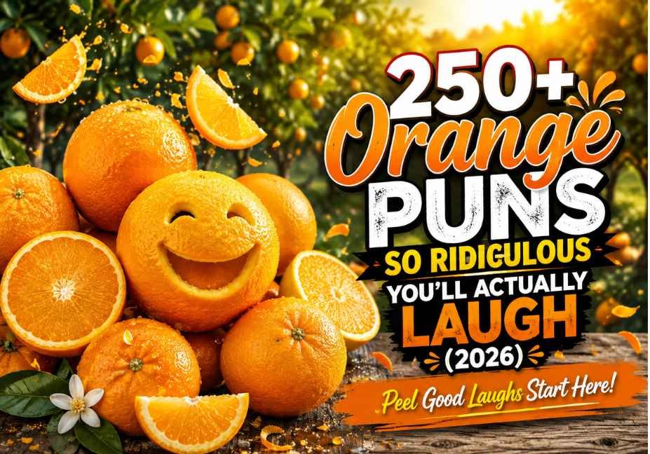 Orange Puns So Ridiculous You'll Actually Laugh (2026) featured image showing fresh ripe oranges and orange slices on a rustic table with a sunny citrus orchard background, realistic photography, vibrant colors, playful citrus-themed tagline, and premium blog design optimized for orange puns content.