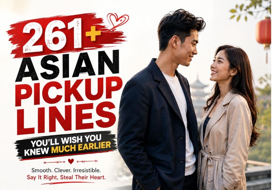 261+ Asian pickup lines featuring a smiling Asian couple in a romantic lantern-lit setting with traditional Asian architecture, bold blog text, and a stylish evening atmosphere, optimized for readers searching for clever Asian pickup lines and conversation starters.
