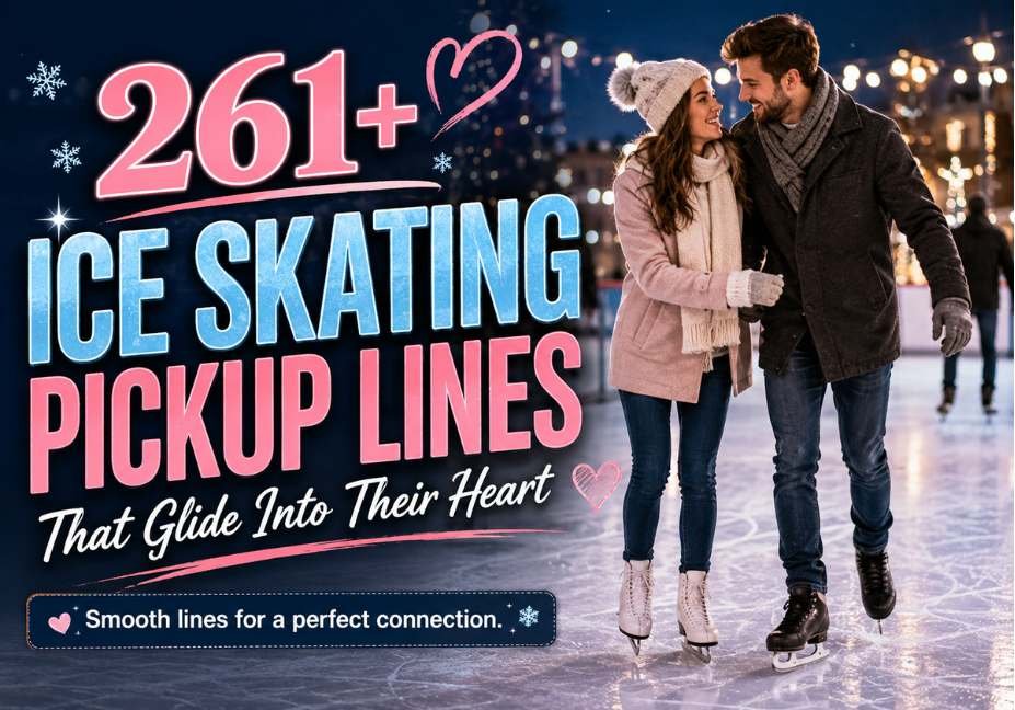 261+ ice skating pickup lines featured on a romantic ice rink with a smiling couple skating together, glowing winter lights, reflective ice, and bold text promoting fun and smooth ice skating pickup lines that glide into their heart.