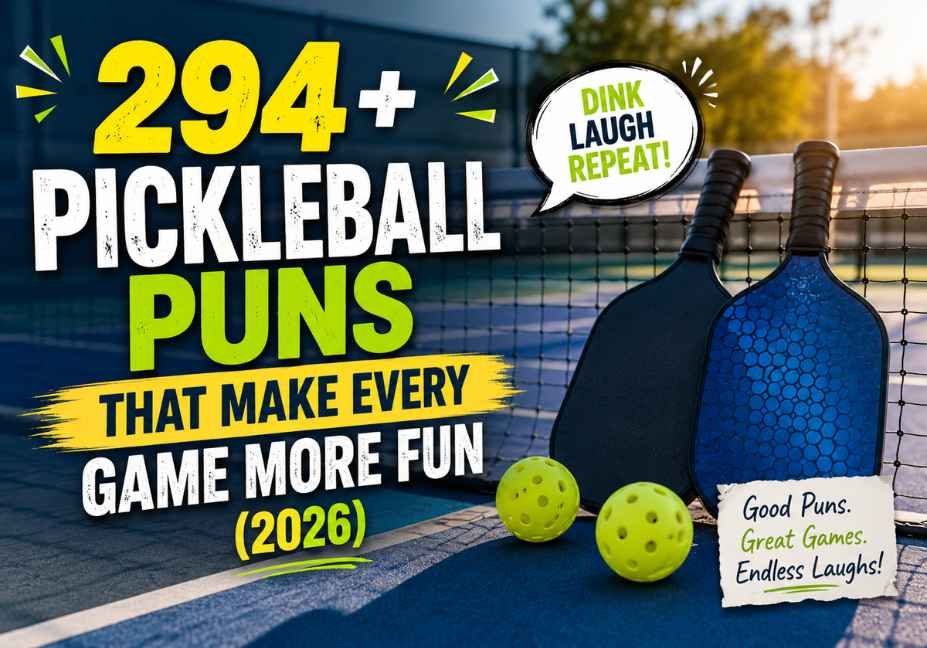 294+ pickleball puns that make every game more fun in 2026, featuring realistic pickleball paddles, yellow pickleballs, a professional court, and bold humorous typography with “Dink, Laugh, Repeat” for pickleball players and pun lovers.