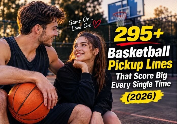295+ basketball pickup lines that score big every single time in 2026, featuring a smiling couple on a realistic outdoor basketball court, an orange basketball, hoop, cinematic lighting, and bold basketball pickup lines typography.