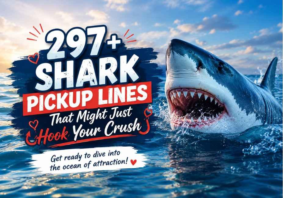 297+ Shark Pickup Lines featured image with a realistic great white shark emerging from the ocean alongside bold text about funny shark pickup lines and hooking your crush.