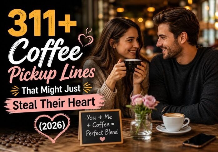 311+ coffee pickup lines that might just steal their heart in 2026, featuring a smiling couple enjoying coffee together in a warm, romantic café with realistic coffee cups, flowers, coffee beans, and cozy cinematic lighting.