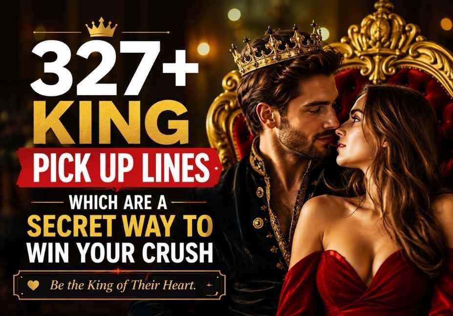 327+ king pick up lines to win your crush, featuring a romantic couple in a luxurious royal throne setting with a gold crown, cinematic lighting, and bold relationship-themed text.