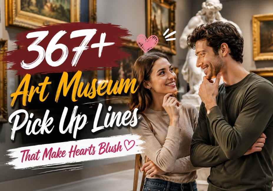 367+ Art Museum Pick Up Lines featured image showing a smiling couple in a beautiful art museum surrounded by classic paintings, with romantic typography and a catchy “That Make Hearts Blush” tagline.
