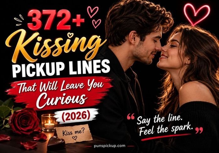 372+ Kissing Pickup Lines that will leave you curious, featuring a romantic couple, red rose, candlelight, heart accents, and bold romantic typography on a dramatic black background.