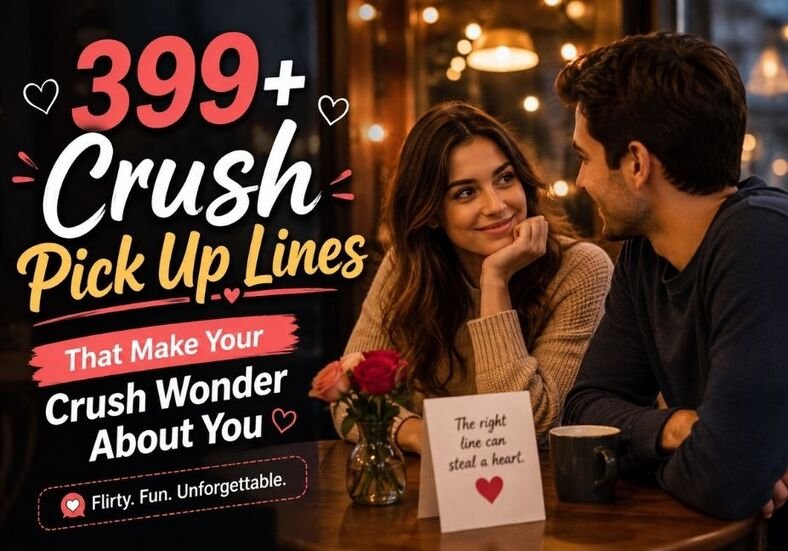 399+ Crush Pick Up Lines featuring a romantic couple sharing a flirty café moment with warm lighting and heart-themed details.