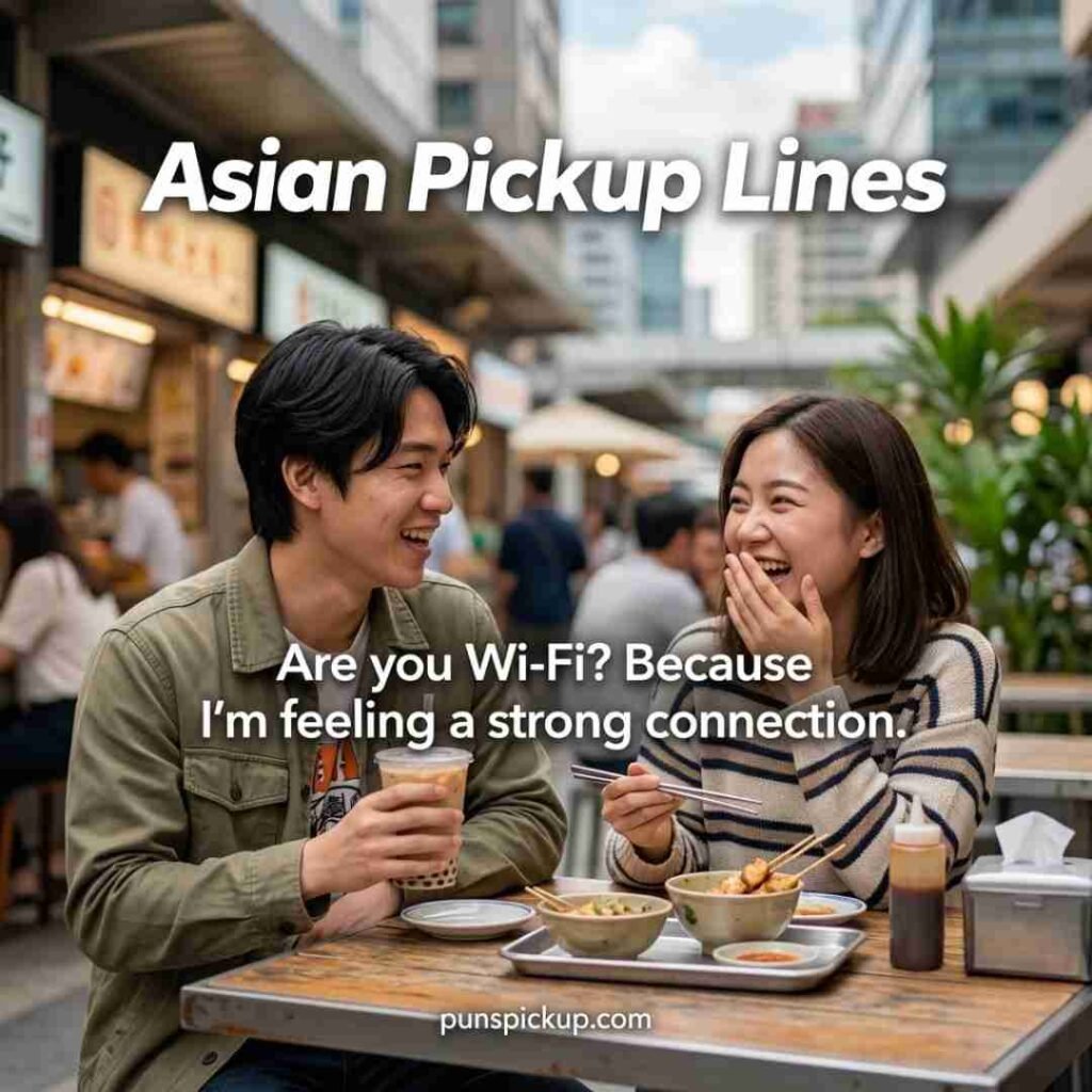 Funny Asian pickup lines featuring two young Asian adults laughing at a modern café with playful typography and a humorous rizz line.