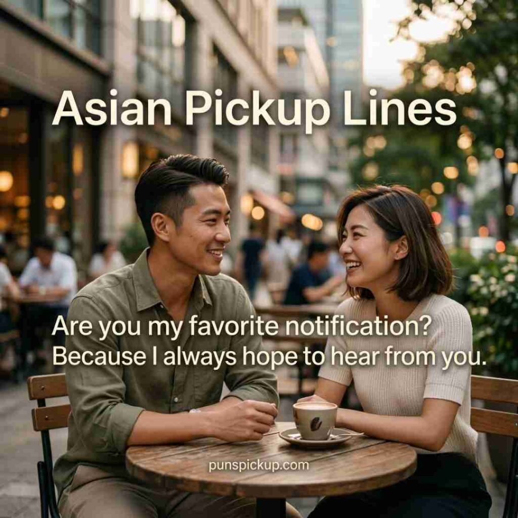 Asian pickup lines displayed on a realistic romantic café scene featuring a smiling Asian couple, elegant typography, and a clever conversation-starting quote.