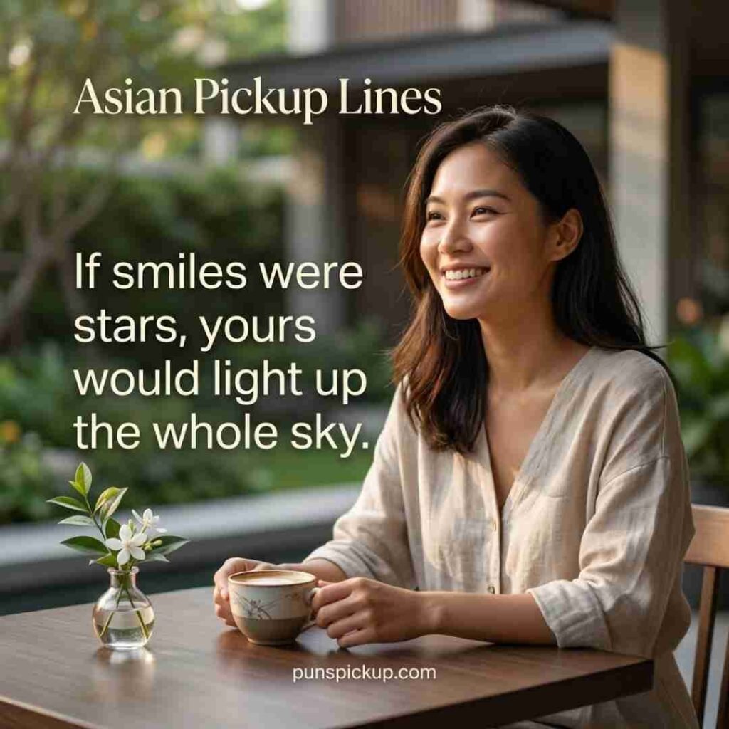 Asian pickup lines for her shown with a smiling Asian woman in an elegant café setting, soft natural lighting, and a sweet romantic pickup line.