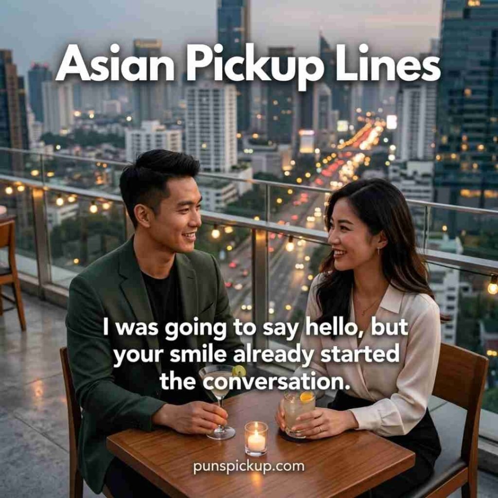 Smooth Asian pickup lines and rizz one-liners shown with two stylish young adults at a rooftop café and a confident conversation starter.
