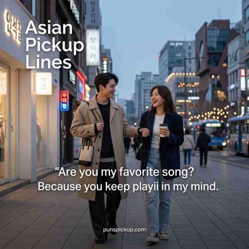 Asian pickup lines inspired by K-drama and K-pop aesthetics, featuring stylish young Asian adults on a cinematic Seoul-inspired street with a catchy flirty line.