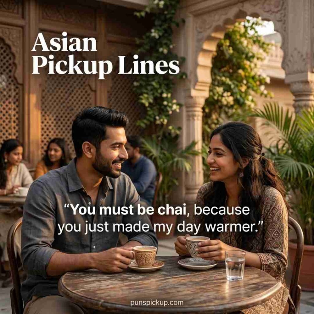 South Asian pickup lines represented by two young South Asian adults enjoying a warm café conversation with tea, cultural details, and a playful line.