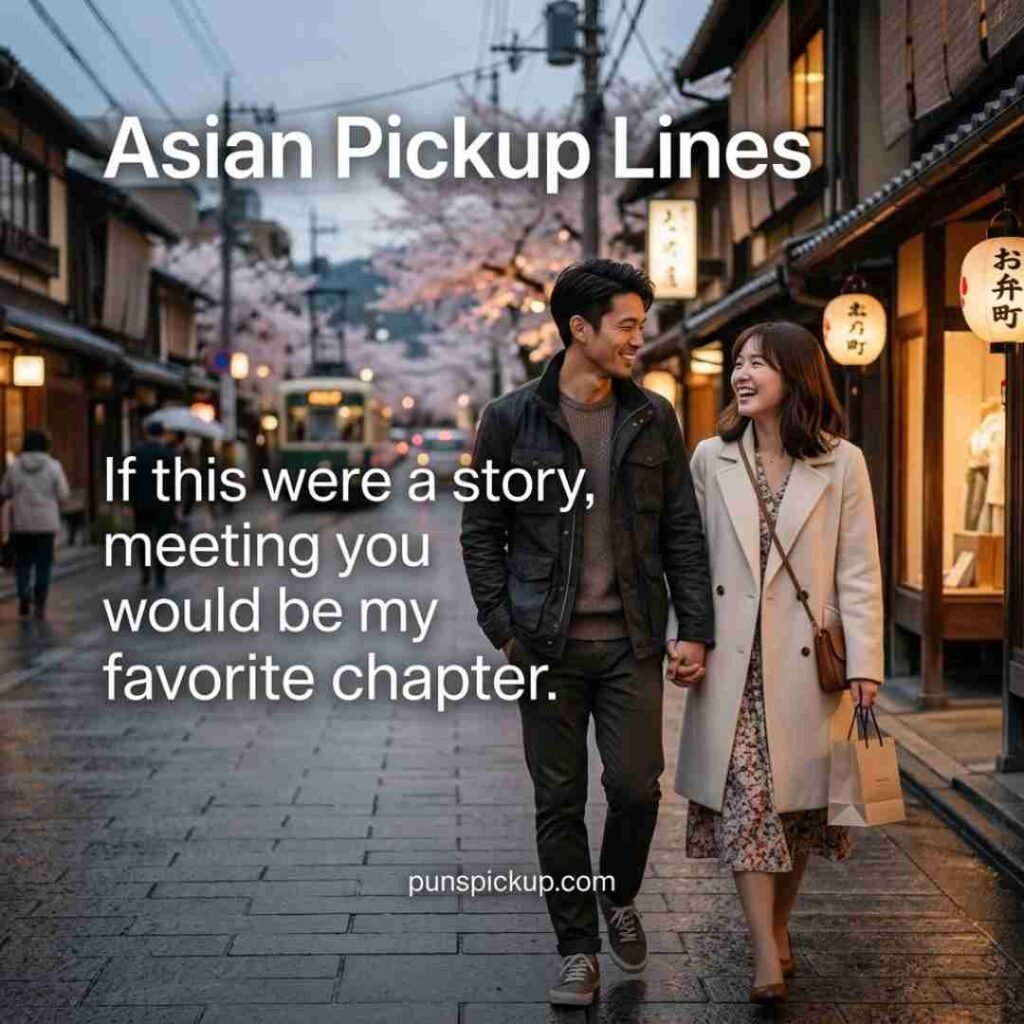 Anime-inspired Asian pickup lines presented in a realistic Japanese-inspired evening street scene with young Asian adults and a dreamy flirty quote.