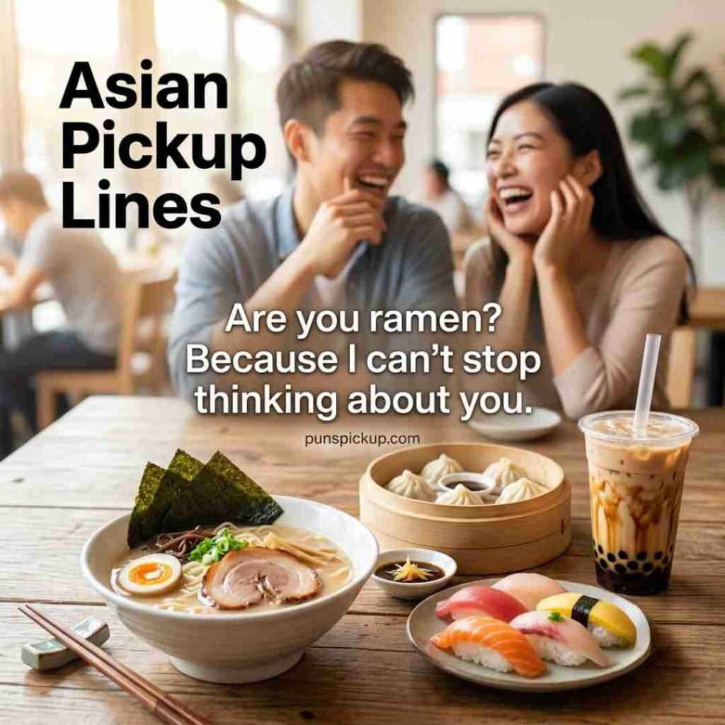 Funny Asian pickup lines featuring realistic ramen, sushi, dumplings, bubble tea, and two laughing Asian adults with a playful food-themed pickup line.