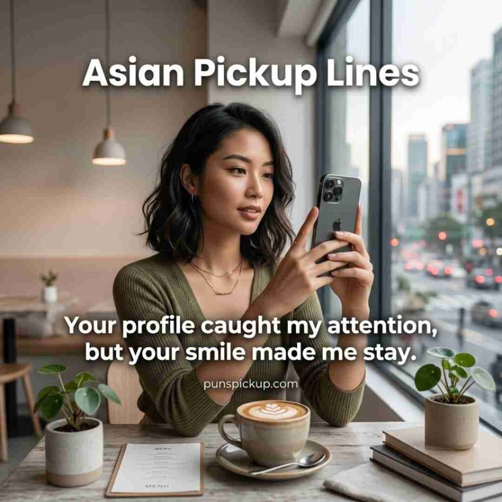 Clever Asian pickup lines for Instagram shown with a stylish young Asian adult using a smartphone at a modern café and a social-media-friendly rizz line.