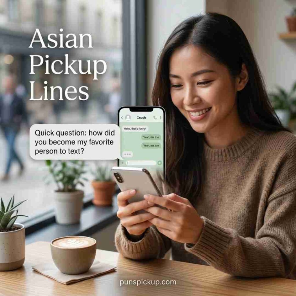 Text message Asian pickup lines shown on a smartphone held by a smiling young Asian adult, with a clean chat-inspired design and a sweet message for a crush.