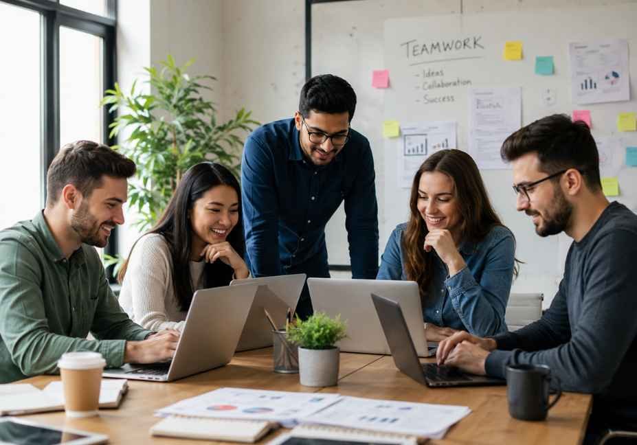 A diverse team of professionals working together on laptops around a table in a bright modern office, collaborating on ideas and projects.