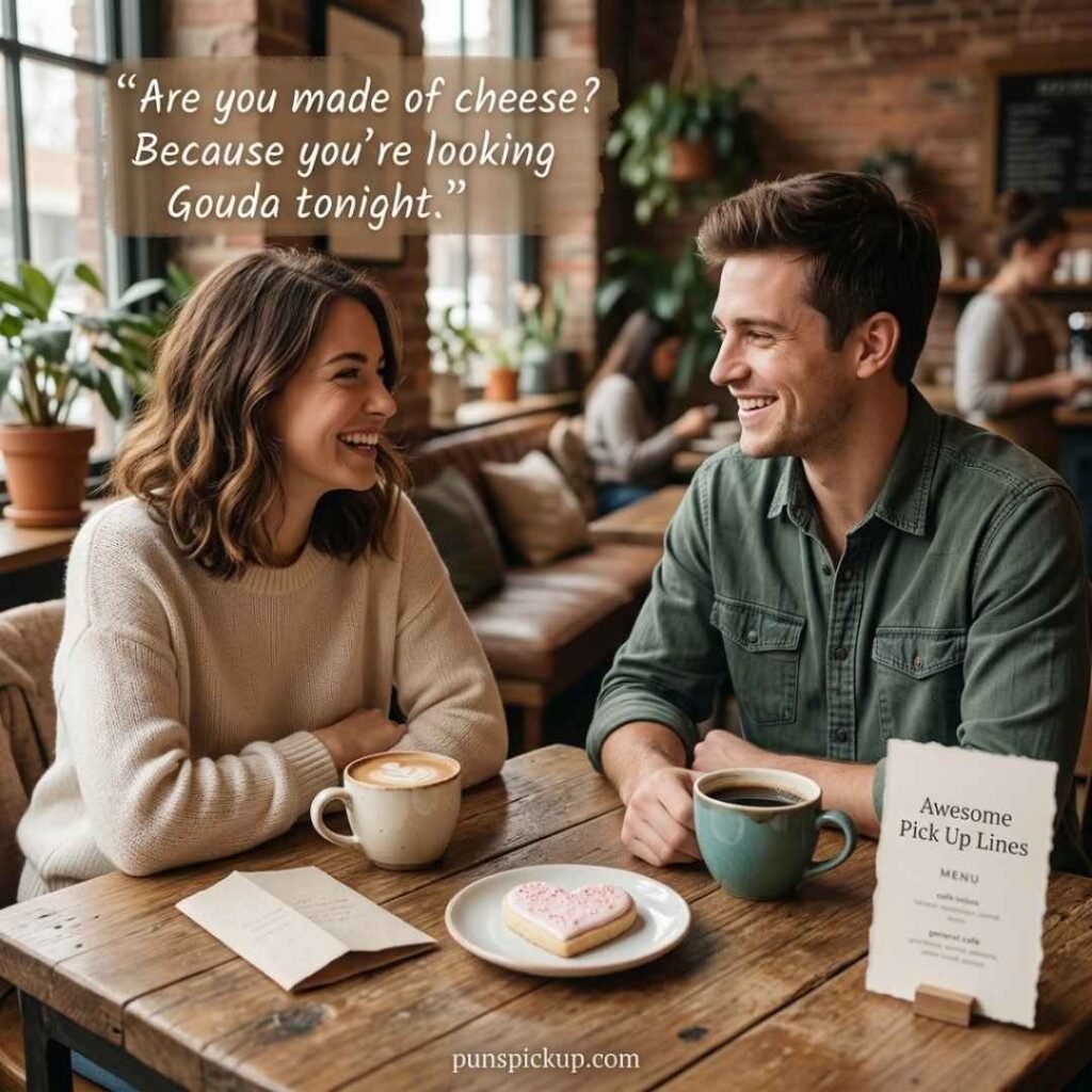A cozy cafe couple shares a cheesy pickup line, with Awesome Pick Up Lines naturally featured.