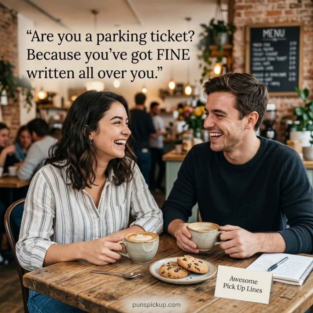 Awesome Pick Up Lines featuring a couple laughing over a funny pickup line in a cozy café.