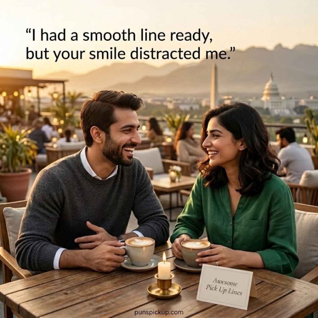 A stylish rooftop conversation illustrates Awesome Pick Up Lines with a smooth and confident romantic pickup line.