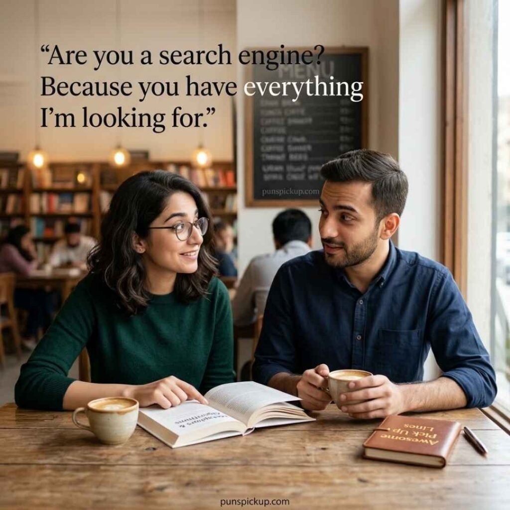 In a bookstore cafe, Awesome Pick Up Lines inspire a clever conversation between two smiling adults.