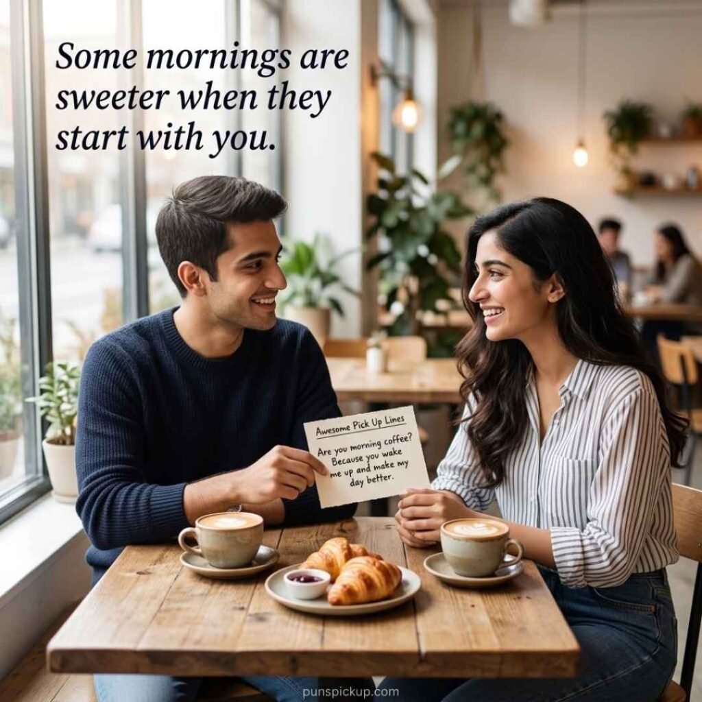 A sweet café date features a heartfelt message and Awesome Pick Up Lines for a romantic conversation.