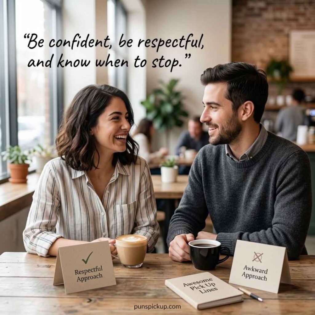 Awesome Pick Up Lines guide featuring a couple having a friendly café conversation, with visual cues showing respectful approaches and pickup line etiquette.