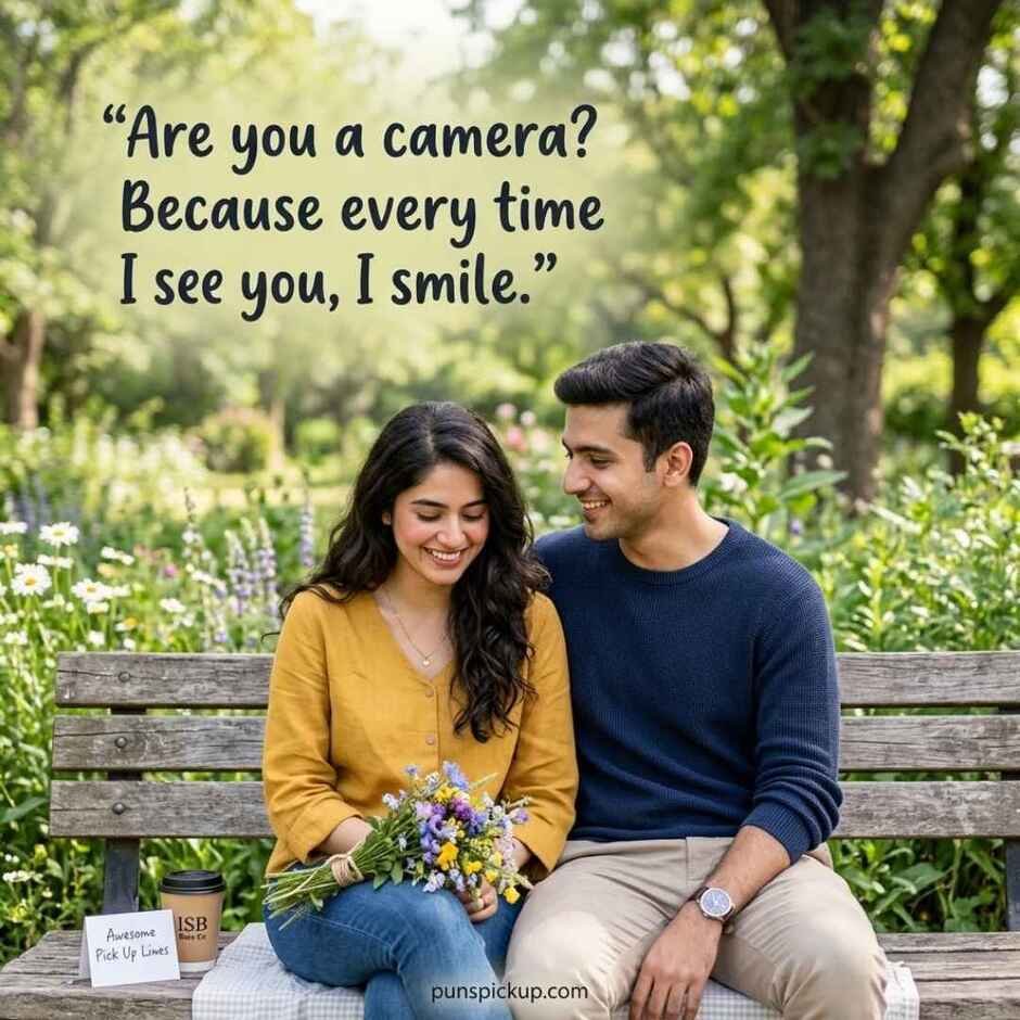 A cute park date shows a couple sharing Awesome Pick Up Lines with a sweet, playful romantic message.