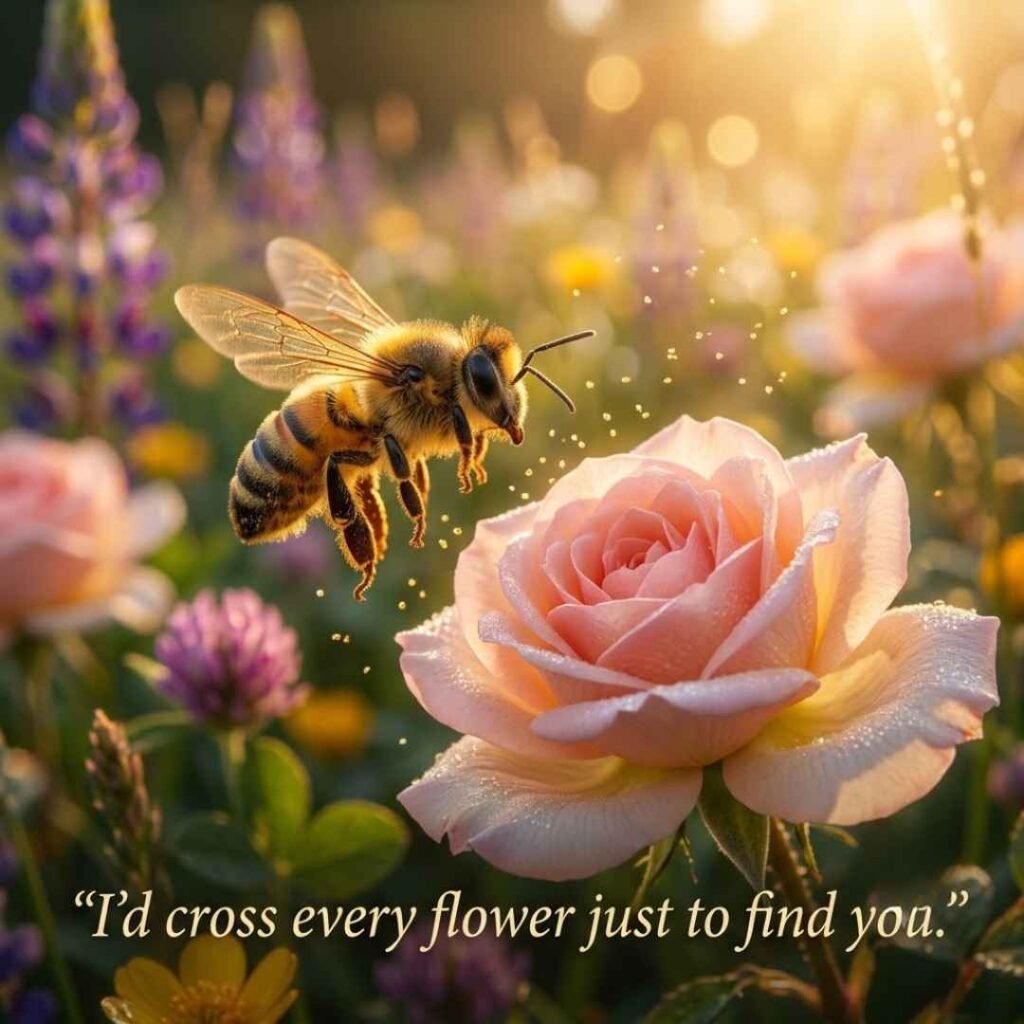 Flirty bee pickup lines image featuring a realistic honeybee near a blooming rose with a romantic flirty quote and warm natural lighting.