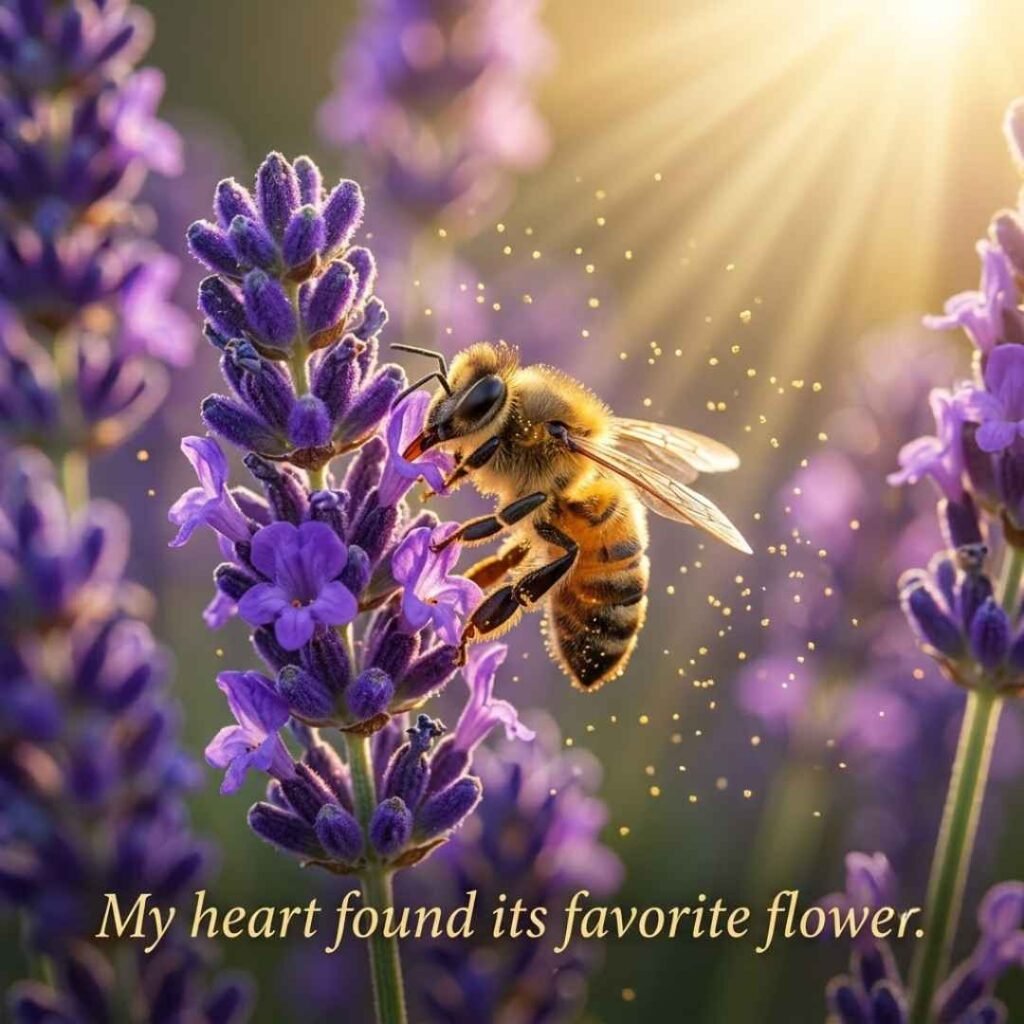 Honey bee pickup lines image featuring a realistic honeybee gathering nectar from lavender flowers with a romantic pickup line.