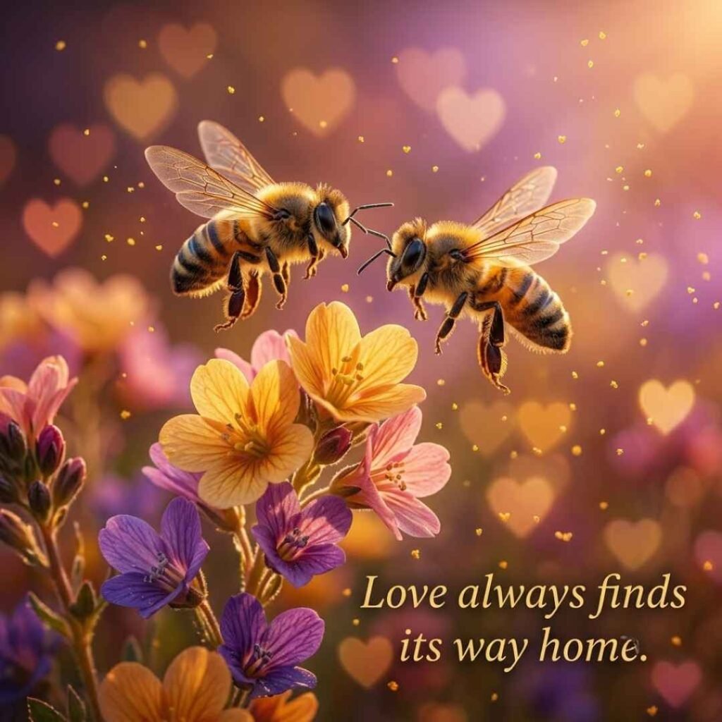 Romantic bee pickup lines image featuring two realistic honeybees flying together among flowers with a heartfelt love quote.