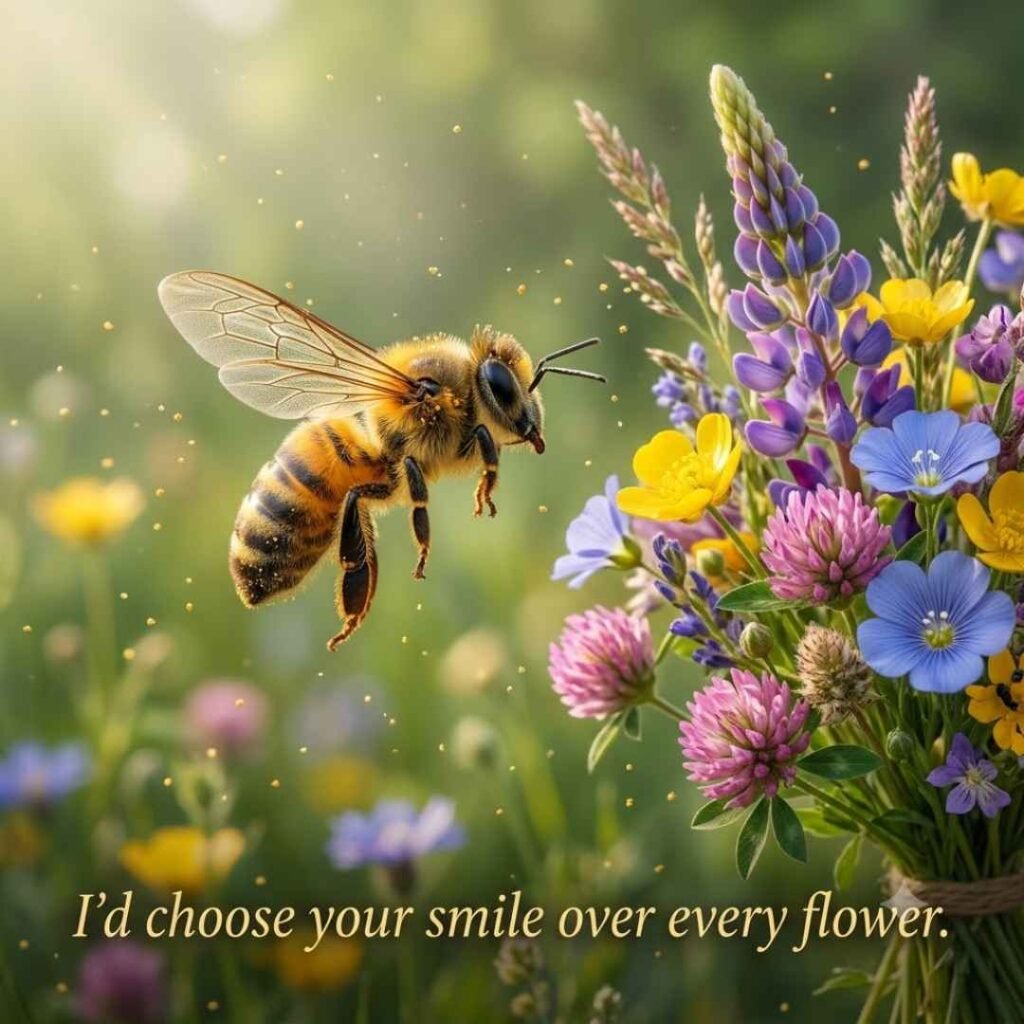 Bee pickup lines for her image featuring a realistic honeybee flying toward colorful flowers with a sweet romantic pickup line in a beautiful natural setting.