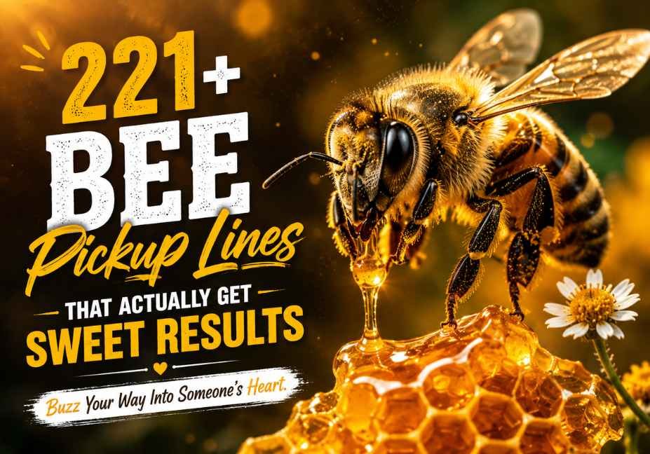 Bee pickup lines featured image showing a close-up realistic honeybee perched on a golden honeycomb dripping with fresh honey, with a small white flower in the background