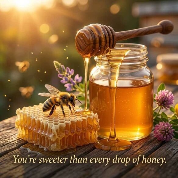 Honey pickup lines image showing realistic honeycomb, fresh honey, and a honeybee with a sweet romantic quote in warm golden colors.
